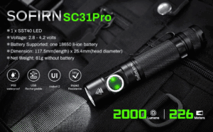 Sofirn SC31 Pro 2000 Lumen 255m Throw Rechargeable Flashlight with 18650 Battery