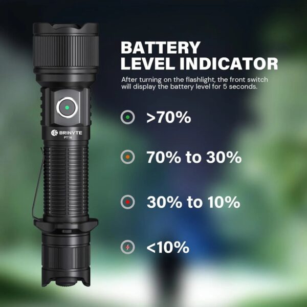 OPEN BOX - Brinyte PT16 2000 Lumens Rechargeable Tactical Flashlight - SFT70 LED, 608m Beam, USB-C Charging - Image 7