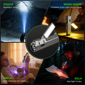 Wurkkos HD05 Foldable 4-in-1 EDC/Work Light – 3100 Lumens Spotlight + Rotating Floodlight Wing + UV + Red Light