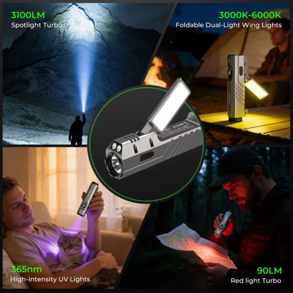 Wurkkos HD05 Foldable 4-in-1 EDC/Work Light – 3100 Lumens Spotlight + Rotating Floodlight Wing + UV + Red Light - Image 8