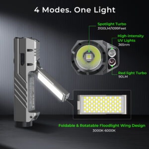 Wurkkos HD05 Foldable 4-in-1 EDC/Work Light – 3100 Lumens Spotlight + Rotating Floodlight Wing + UV + Red Light