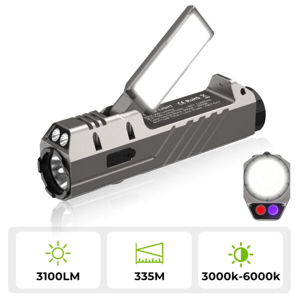 Wurkkos HD05 Foldable 4-in-1 EDC/Work Light – 3100 Lumens Spotlight + Rotating Floodlight Wing + UV + Red Light - Image 2