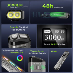 Wurkkos TD11 Smart OLED Tactical Flashlight – 3000 Lumens, 320m Throw, Dual Tail Switches + Real-Time Display