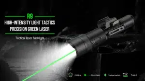 TrustFire R9 Tactical Flashlight with Green Laser – 2100 Lumens, 240m Throw, Picatinny Rail Mount