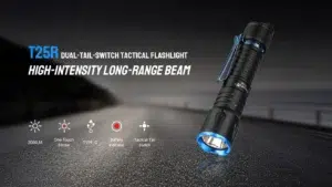 TrustFire T25R Dual-Tail-Switch Tactical Flashlight – 2000 Lumens, 350m Throw, One-Touch Strobe